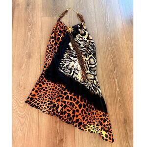 Mary L. Couture Silk Snake Leopard Halter Bead Embellished Asymmetric Mini Dress
